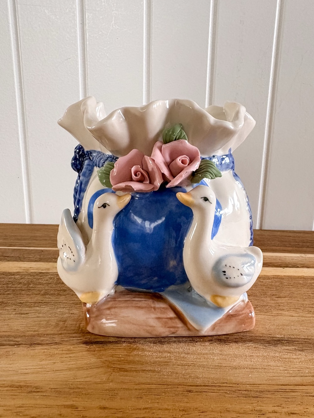 Ceramic Geese Swan Cache Pot Vase Applied Pink Roses Blue 4”